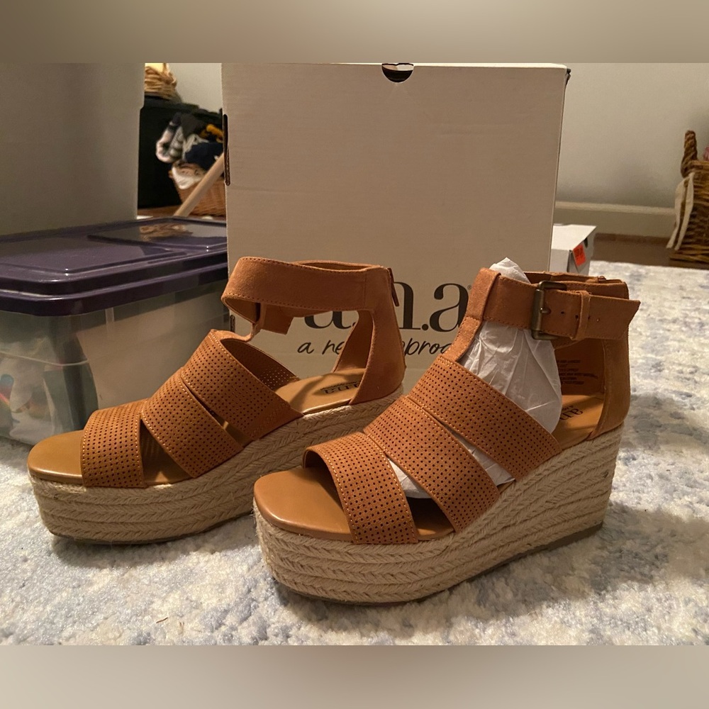 A.N.A wedge suede sandal size 7. Never worn. In box.